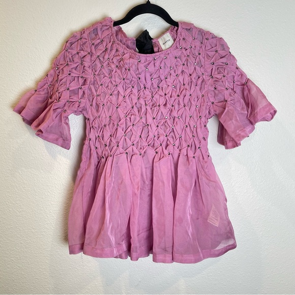 NWT Anthropologie Maeve Rhinestone Smock Sheer Babydoll Bow Top Pink Size XS - Picture 4 of 14